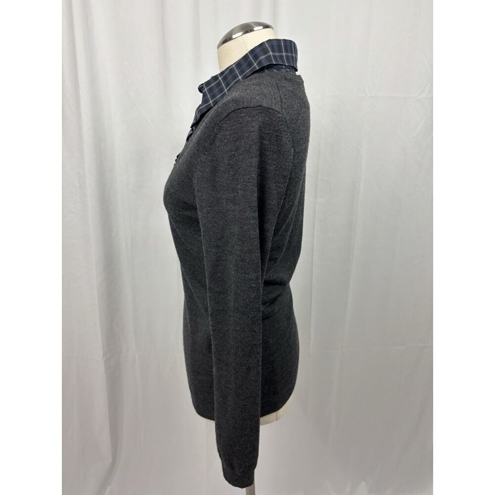 Theory Sweater Women's Medium Black Blue Plaid Ruffle Attached Shirt Collar Wool - Picture 2 of 13